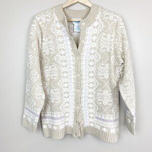 National Fair Isle Oatmeal and Purple Cardigan Sweater Size Large